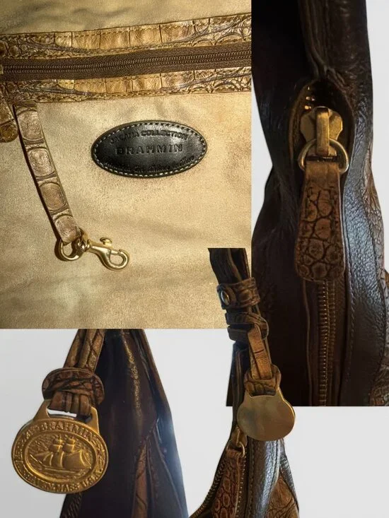 Brahmin Jacana Hobo Brown Ombre Croc Embossed Leather Brass Shoulder Bag + Charm - Picture 8 of 8